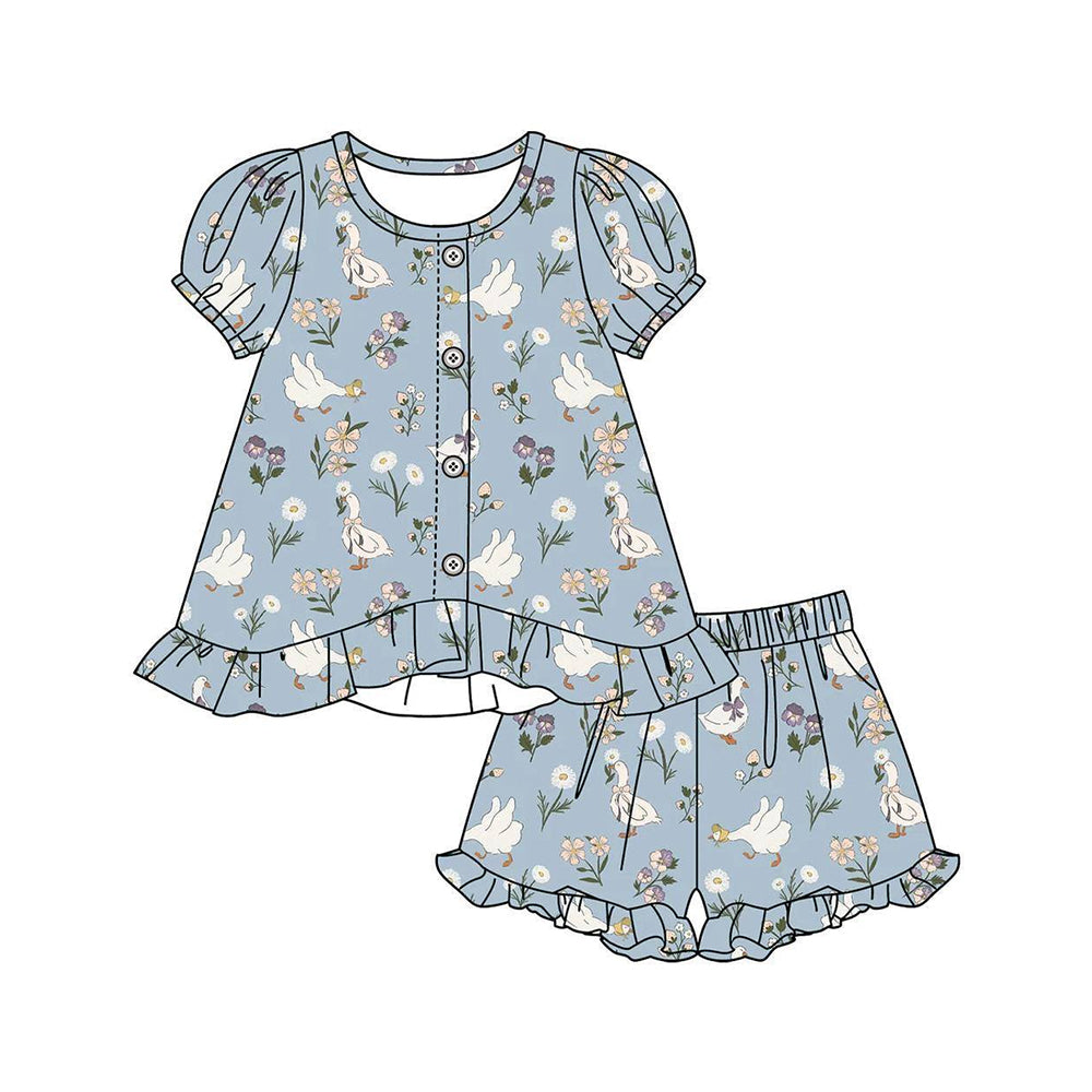GSSO3433 Preorder Baby Girl Flowers Gooses Button Tunic Ruffle Short Clothes Sets