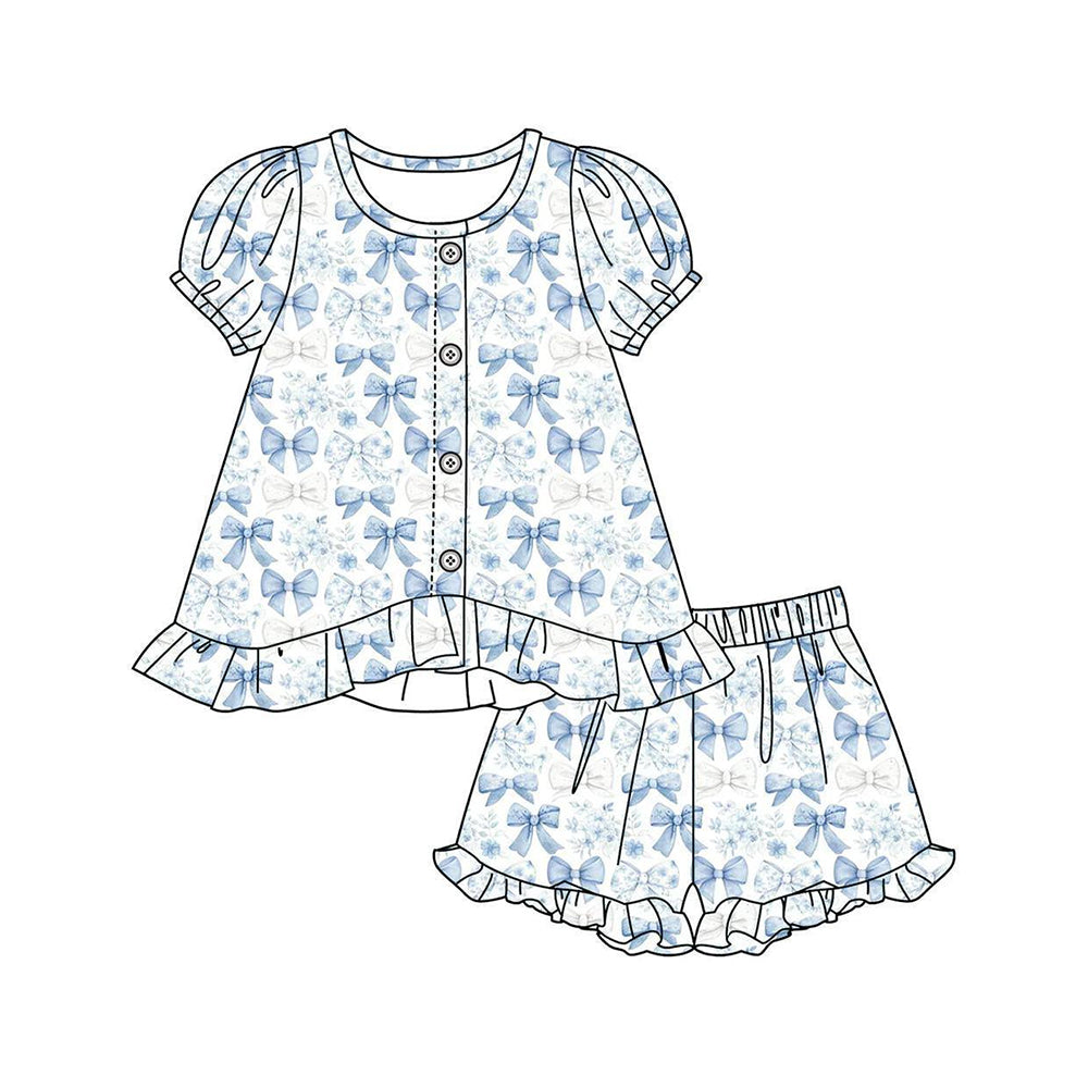 GSSO3435 Preorder Baby Girl Blue Flowers Bows Button Tunic Ruffle Short Clothes Sets