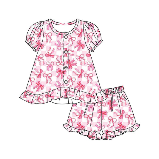GSSO3436 Preorder Baby Girl Pink Checked Bows Button Tunic Ruffle Short Clothes Sets