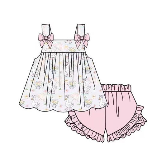 GSSO3438 Preorder Baby Girl Strap Pink Flowers Goose Tunic Ruffle Short Clothes Sets