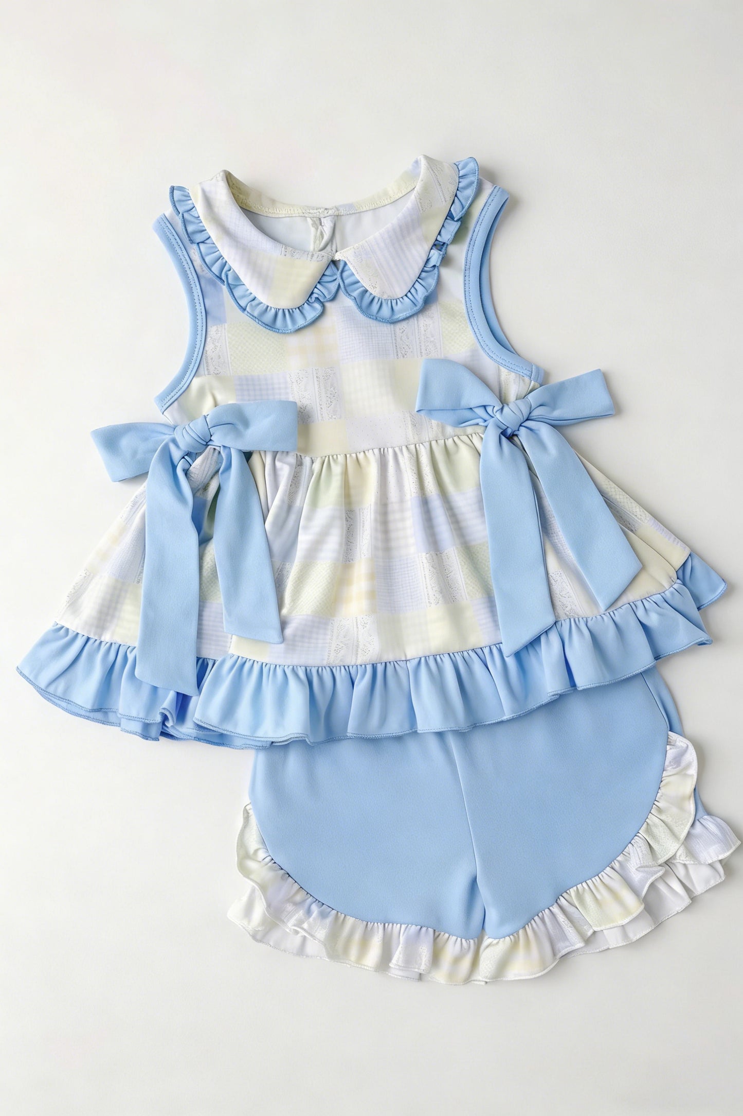 GSSO3439 Preorder Baby Girl Sleeveless Collar Checked Tunic Ruffle Short Clothes Sets