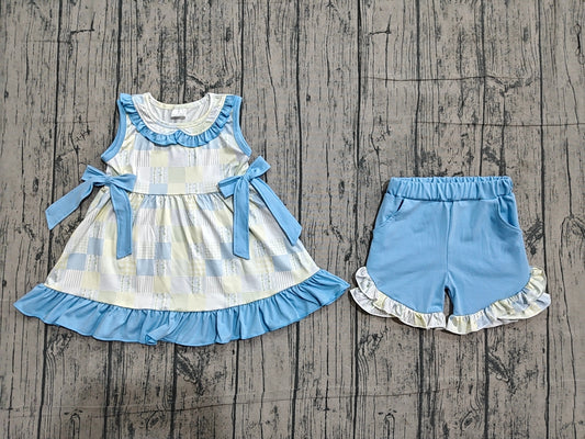 GSSO3439 Preorder Sample Baby Girls Sleeveless Collar Checked Tunic Ruffle Short Clothes Sets