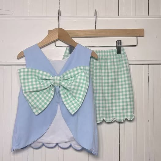 GSSO3440 Preorder Baby Girl Sleeveless Back Bows Scallop Tunic Checked Short Clothes Sets