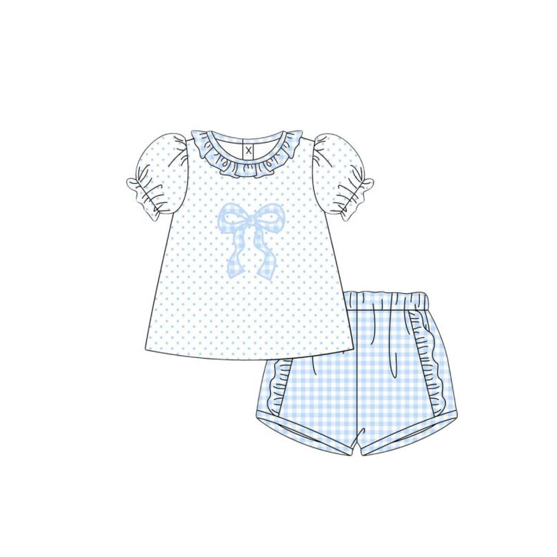 GSSO3441 Preorder Baby Girl Blue Polka Dots Bows Tunic Checked Ruffle Short Clothes Sets