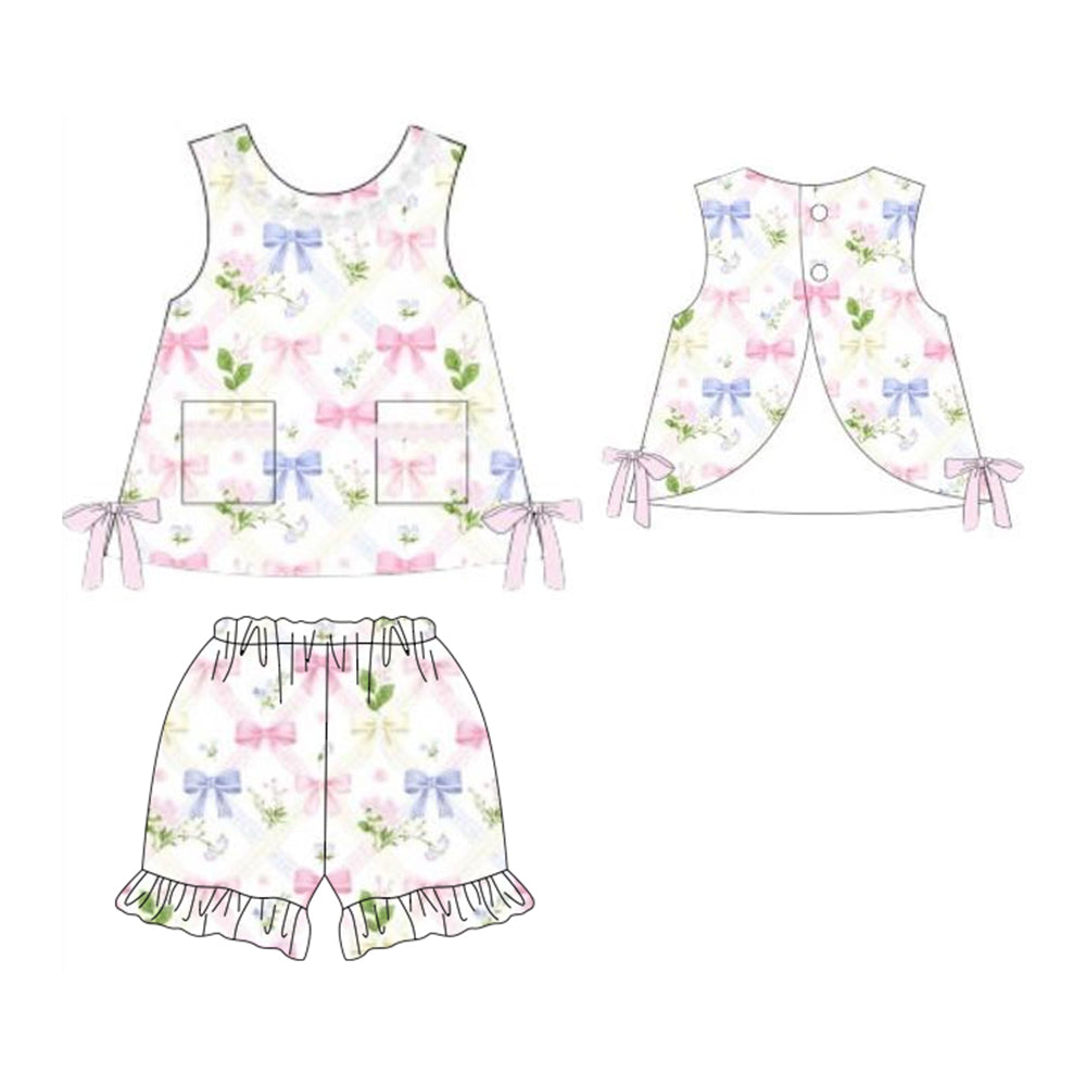 GSSO3442 Preorder Baby Girl Colorful Flower Bows Pockets Tunic Ruffle Short Clothes Sets