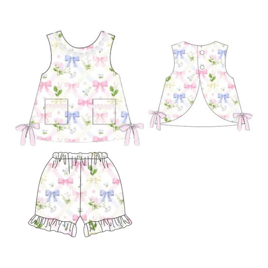 GSSO3442 Preorder Baby Girl Colorful Flower Bows Pockets Tunic Ruffle Short Clothes Sets