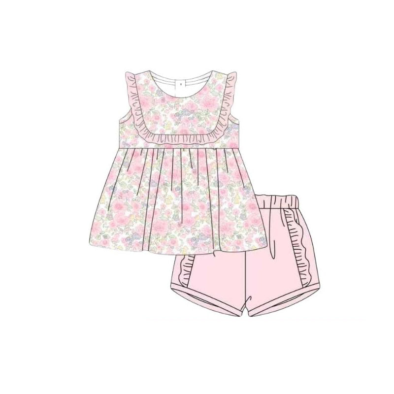 GSSO3443 Preorder Baby Girl Sleeveless Pink Floral Tunic Ruffle Short Clothes Sets