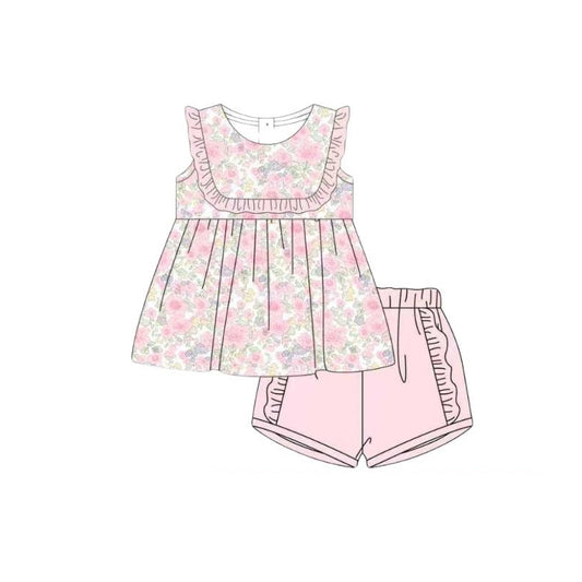 GSSO3443 Preorder Baby Girl Sleeveless Pink Floral Tunic Ruffle Short Clothes Sets
