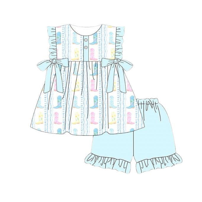 GSSO3444 Preorder Baby Girl Colorful Boots Stripe Button Tunic Ruffle Short Western Clothes Sets