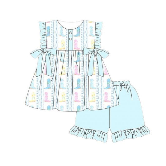 GSSO3444 Preorder Baby Girl Colorful Boots Stripe Button Tunic Ruffle Short Western Clothes Sets