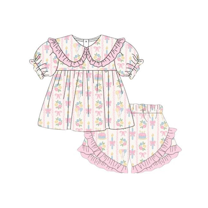 GSSO3445 Preorder Baby Girl Colorful Bow Flowers Stripe Collar Tunic Ruffle Short Clothes Sets