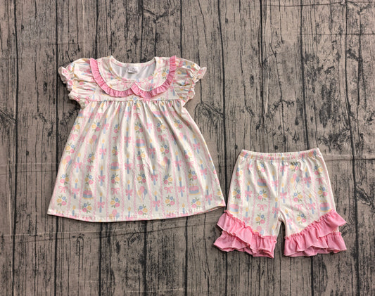 GSSO3445 Preorder Sample Baby Girls Colorful Bow Flowers Stripe Collar Tunic Ruffle Short Clothes Sets
