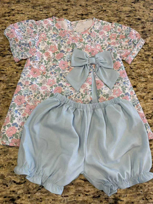 GSSO3447 Preorder Baby Girl Short Sleeve Pink Flowers Tunic Ruffle Short Clothes Sets