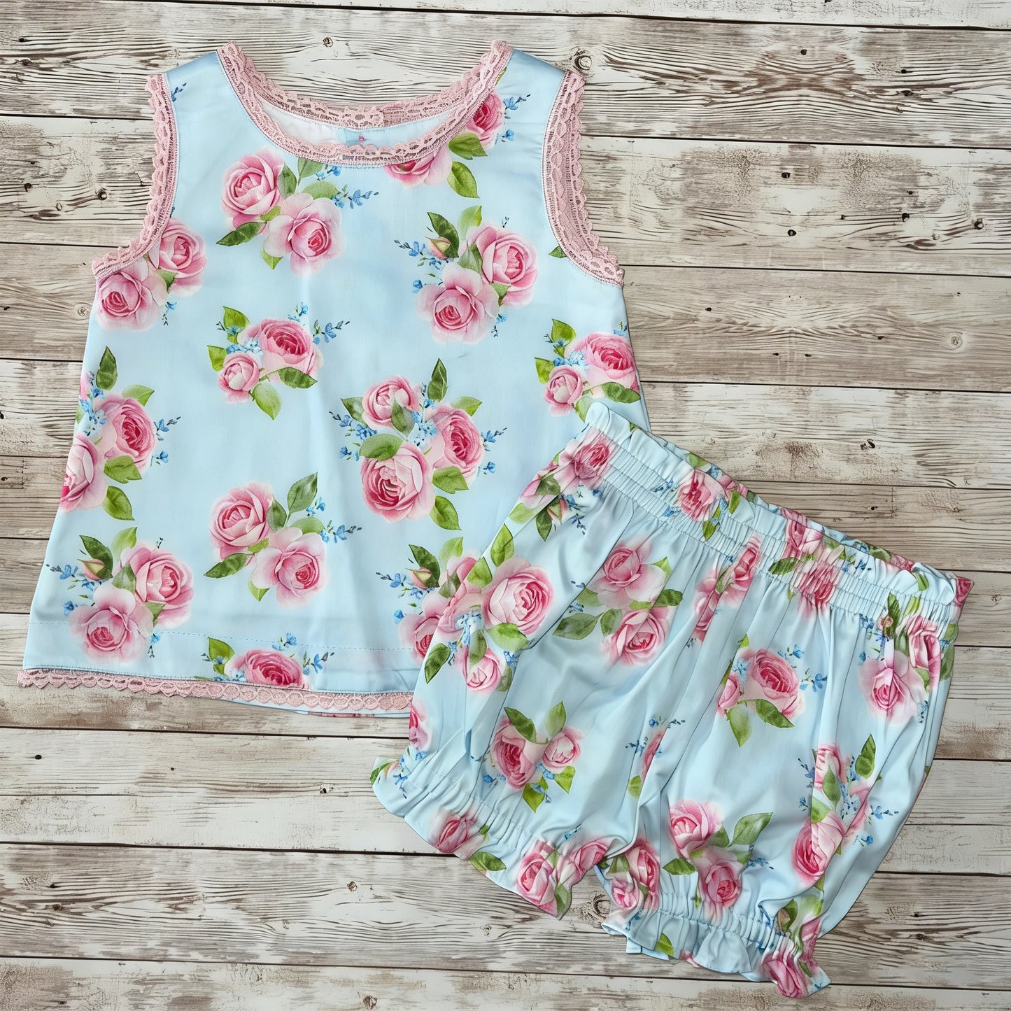 GSSO3448 Preorder Baby Girl Sleeveless Pink Flowers Button Tunic Ruffle Short Clothes Sets