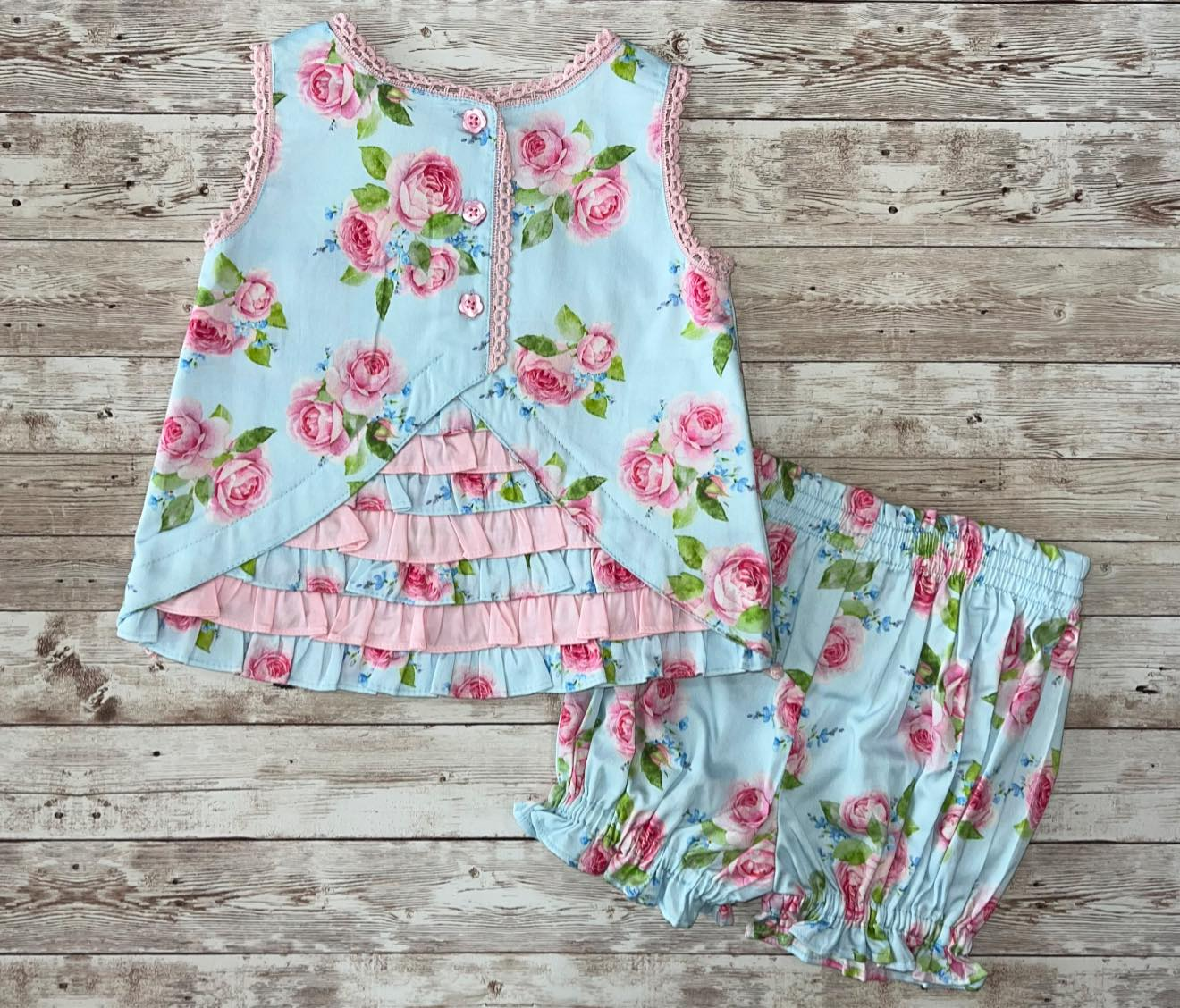 GSSO3448 Preorder Baby Girl Sleeveless Pink Flowers Button Tunic Ruffle Short Clothes Sets