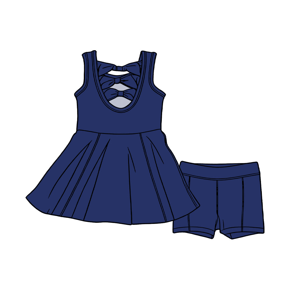 GSSO3449 Preorder Baby Girl Navy Sleeveless Back Bows Tunic Shorts Clothes Sets