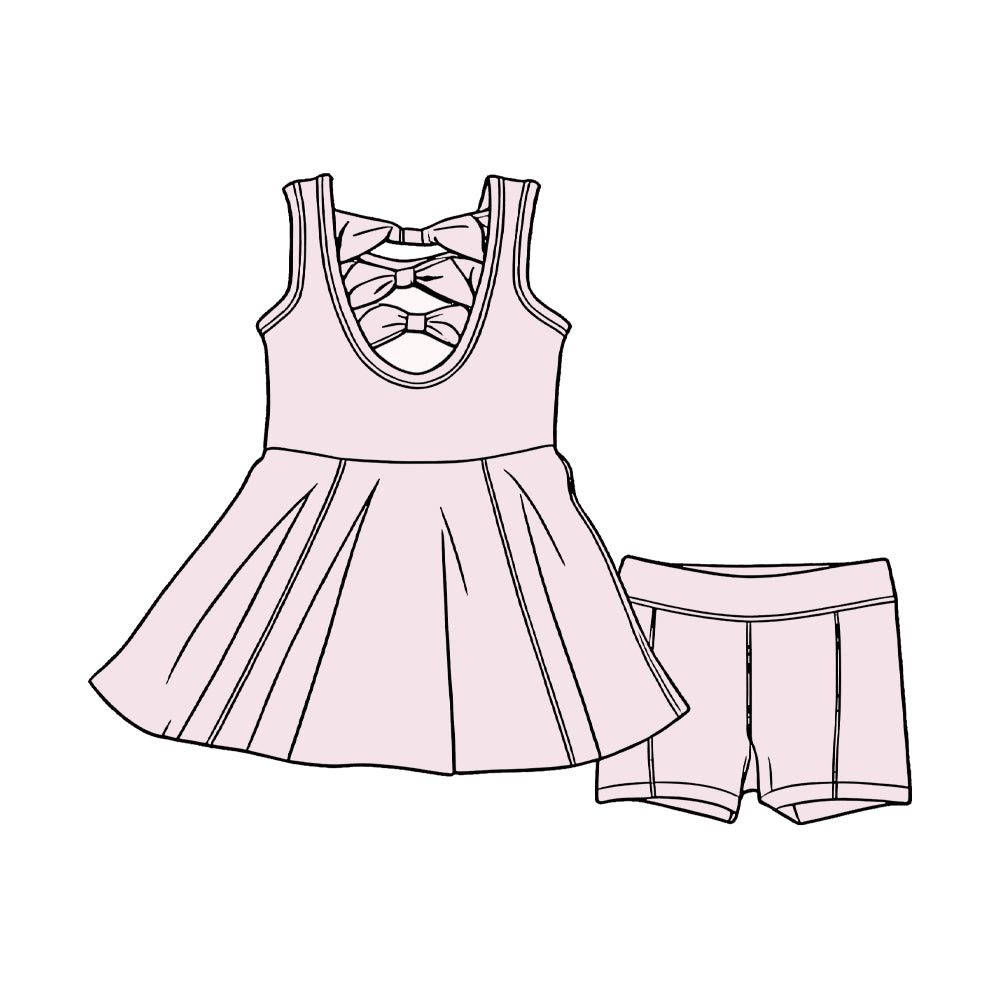 GSSO3457 Preorder Baby Girls Light Pink Sleeveless Back Bows Tunic Shorts Clothes Sets