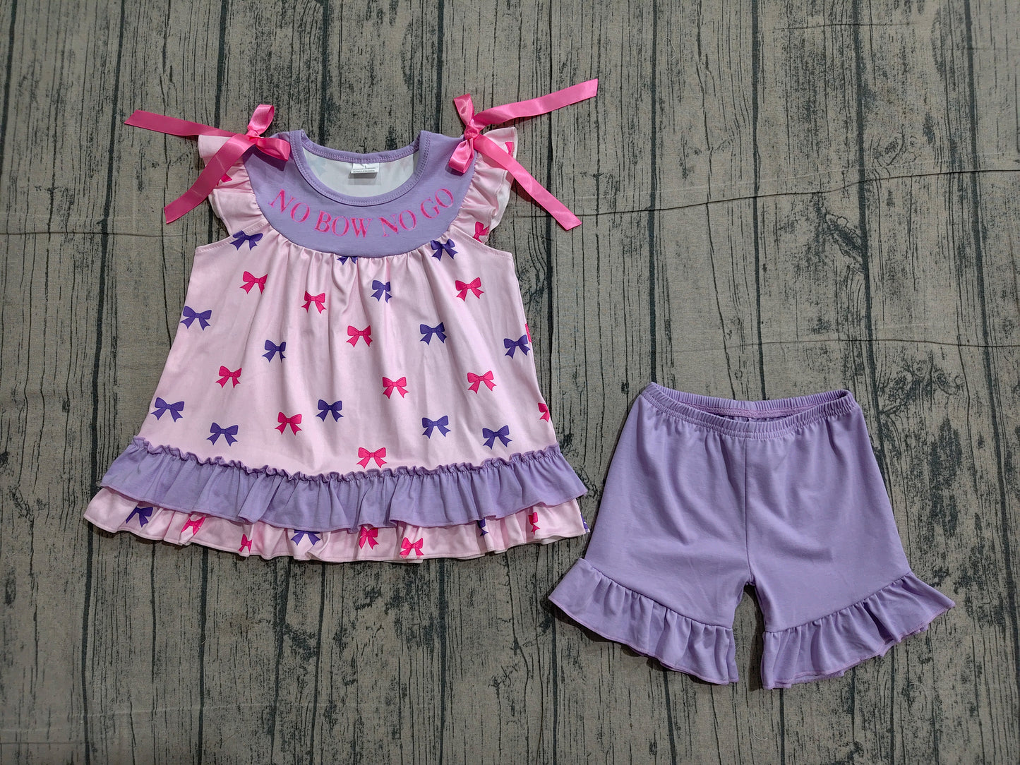 GSSO3460 Preorder Sample Embroidery No Bows No Go Baby Girl Bows Tunic Ruffle Shorts Clothes Sets