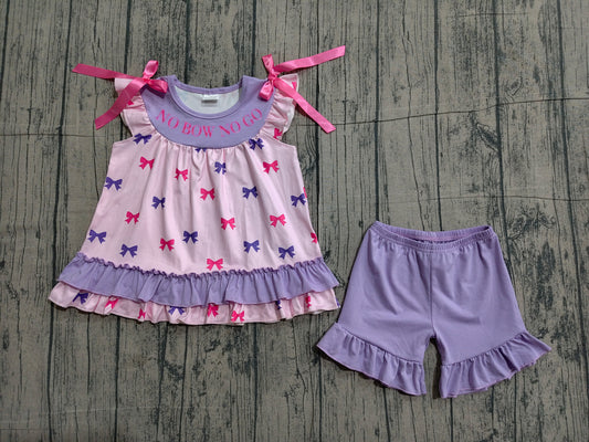 GSSO3460 Preorder Sample Embroidery No Bows No Go Baby Girl Bows Tunic Ruffle Shorts Clothes Sets
