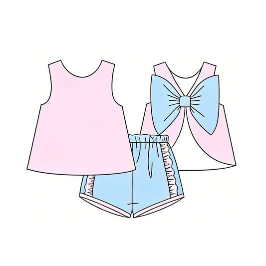 GSSO3462 Preorder Baby Girl Light Pink Sleeveless Back Bows Tunic Ruffle Shorts Clothes Sets