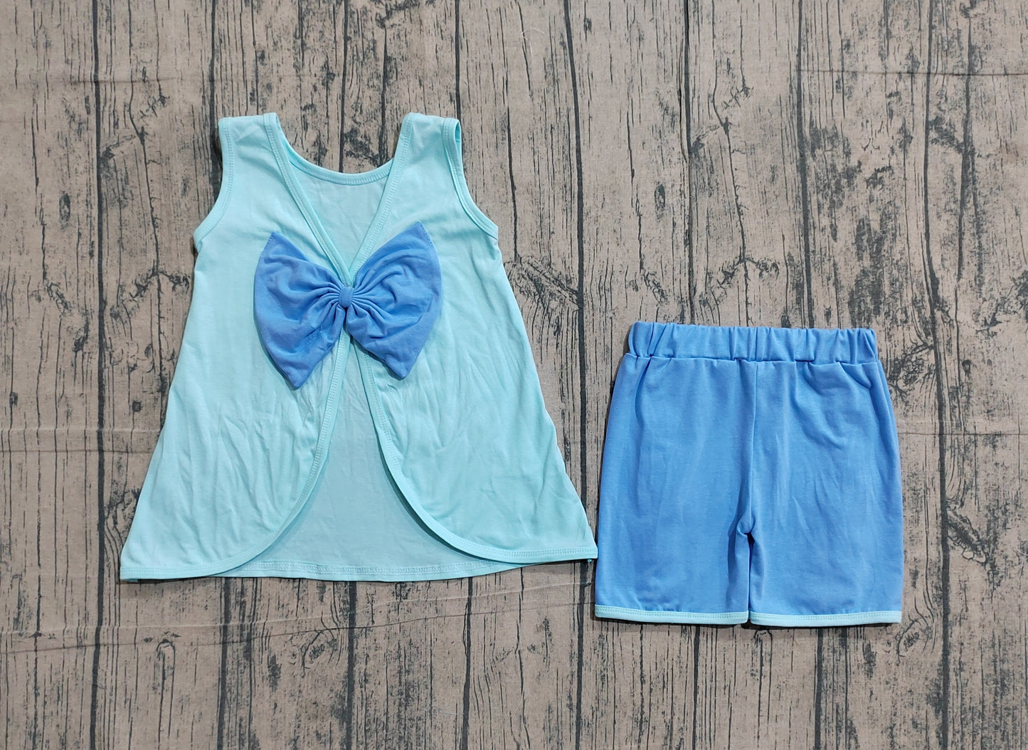GSSO3463 Preorder Sample Baby Girl Light Blue Sleeveless Back Bows Tunic Ruffle Shorts Clothes Sets