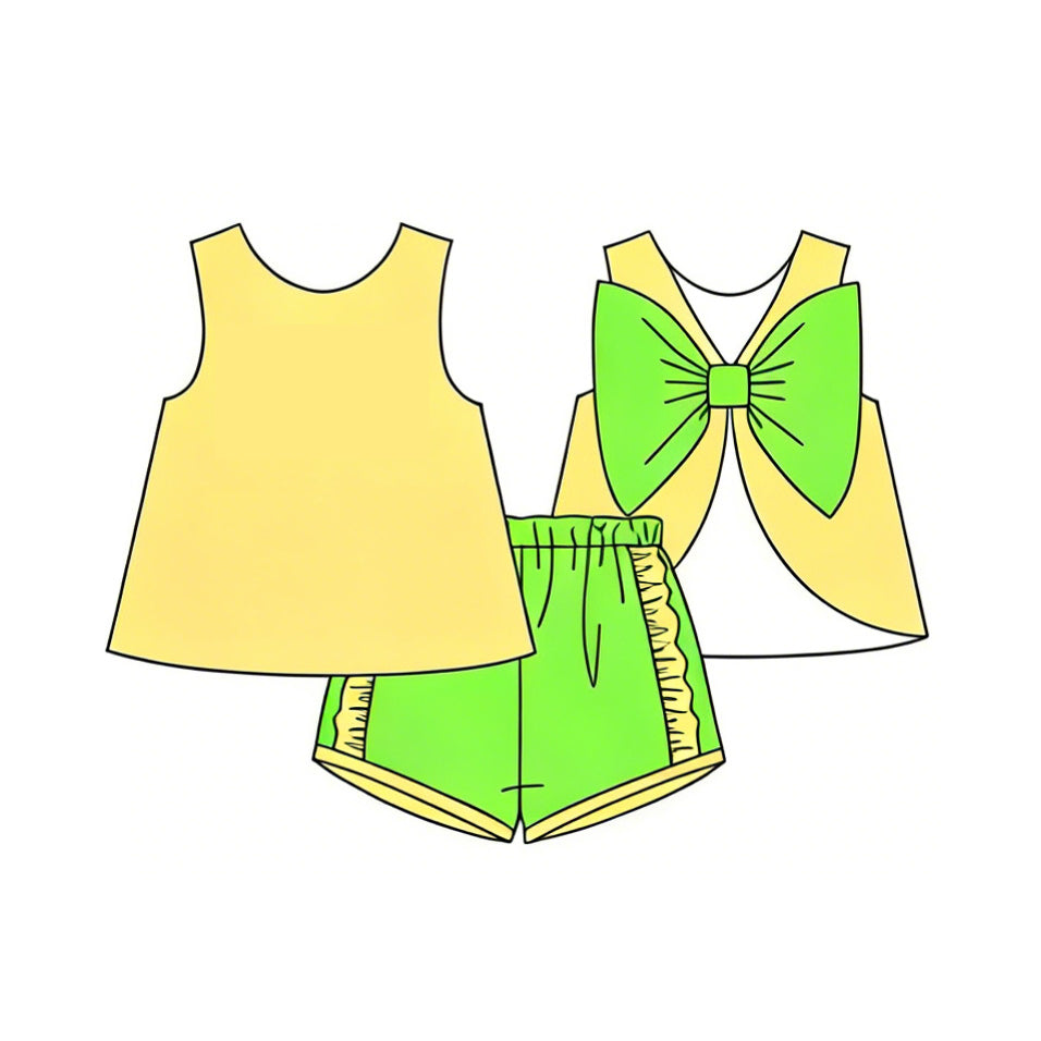 GSSO3464 Preorder Baby Girl Sleeveless Back Bows Tunic Green Ruffle Shorts Clothes Sets