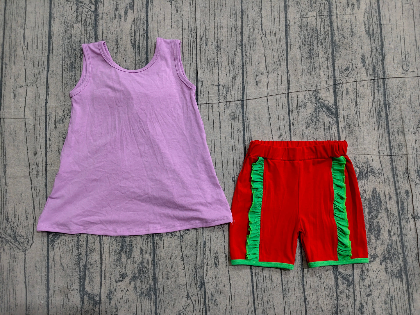 GSSO3465 Preorder Sample Baby Girl Purple Sleeveless Back Bows Tunic Red Shorts Clothes Sets