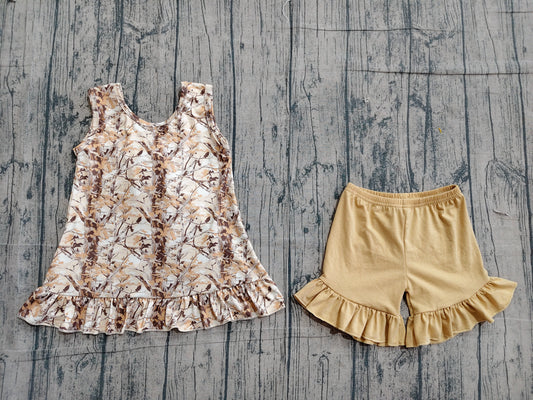 GSSO3467 Preorder Sample Baby Girls Sleeveless Southern Leaves Camo Tunic Ruffle Shorts Clothes Sets