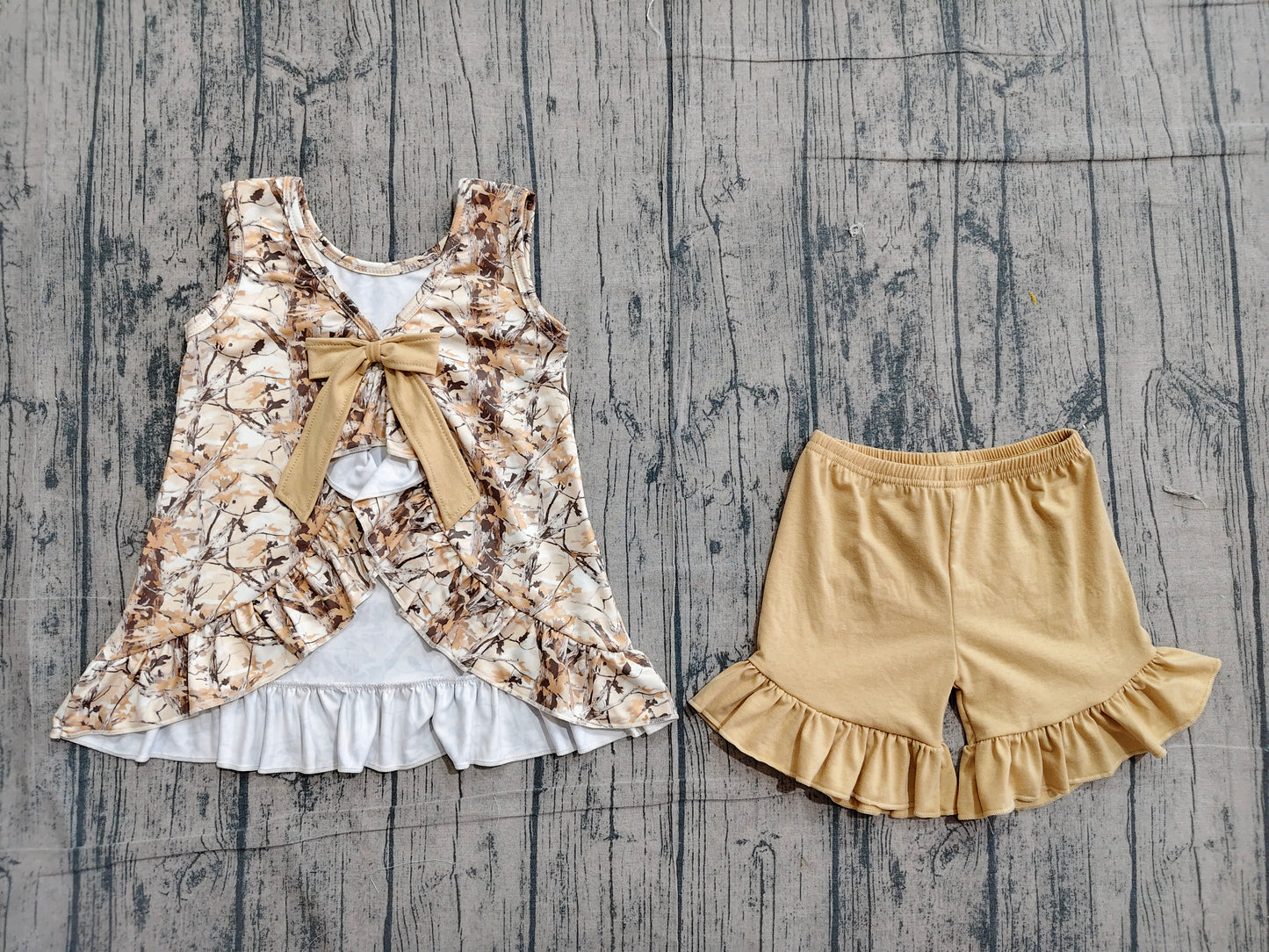 GSSO3467 Preorder Sample Baby Girls Sleeveless Southern Leaves Camo Tunic Ruffle Shorts Clothes Sets