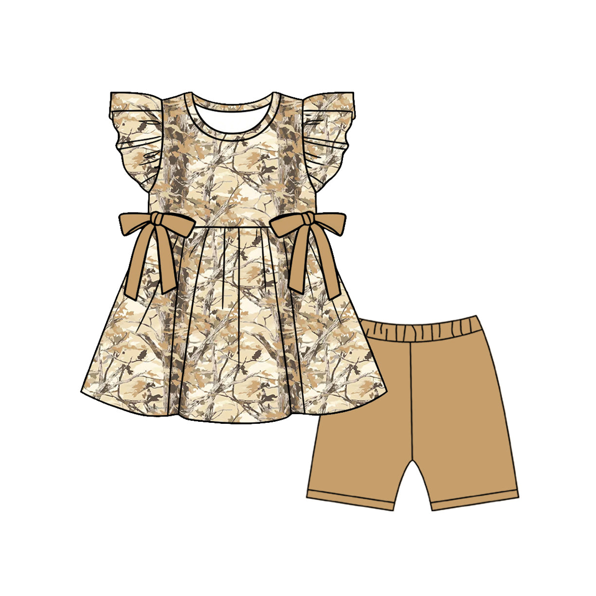 GSSO3468 Preorder Baby Girl Flutter Sleeve Southern Leaves Camo Tunic Shorts Clothes Sets