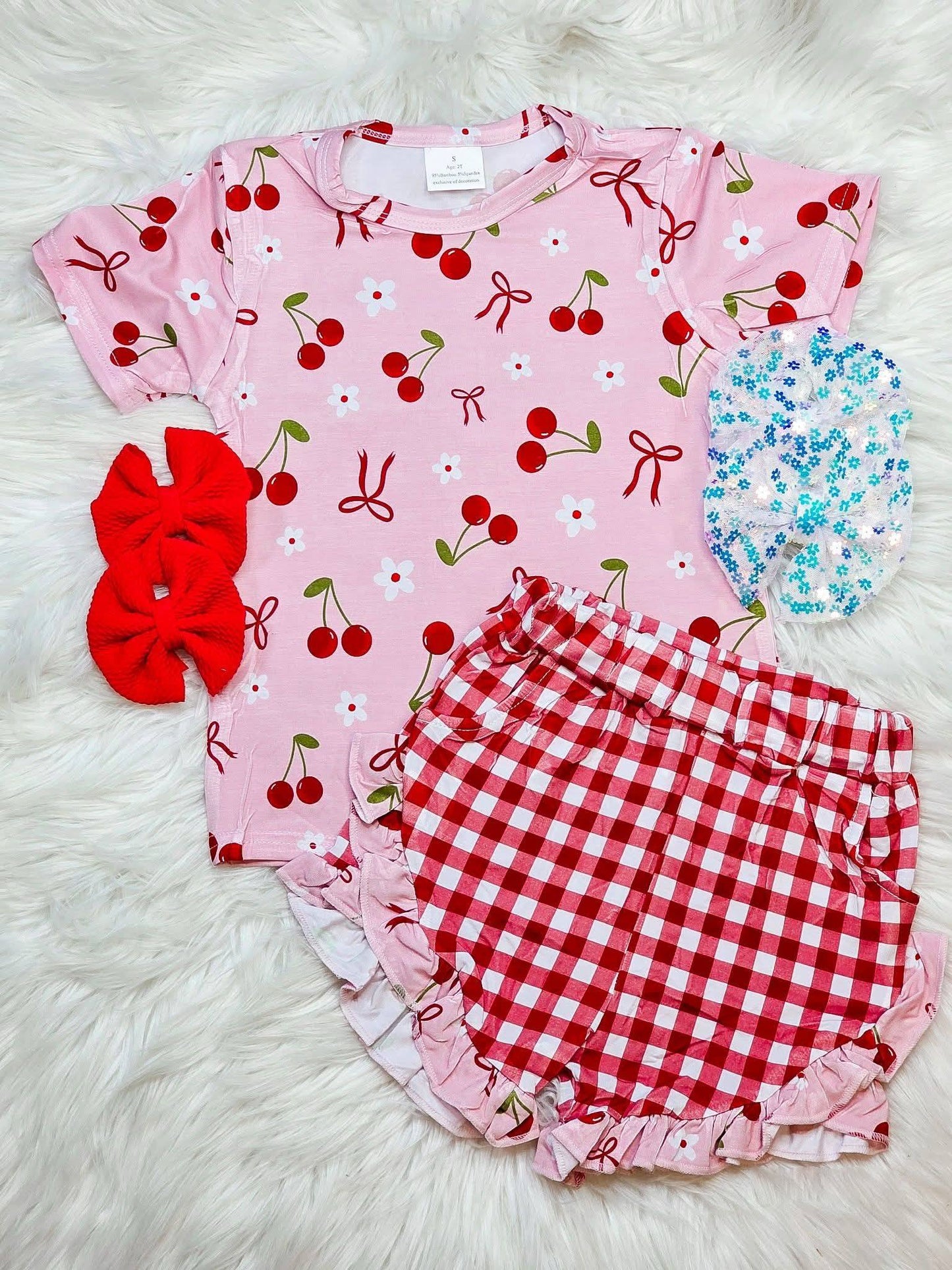 GSSO3470 Preorder Baby Girl Cherry Flowers Top Checked Ruffle Shorts Clothes Sets