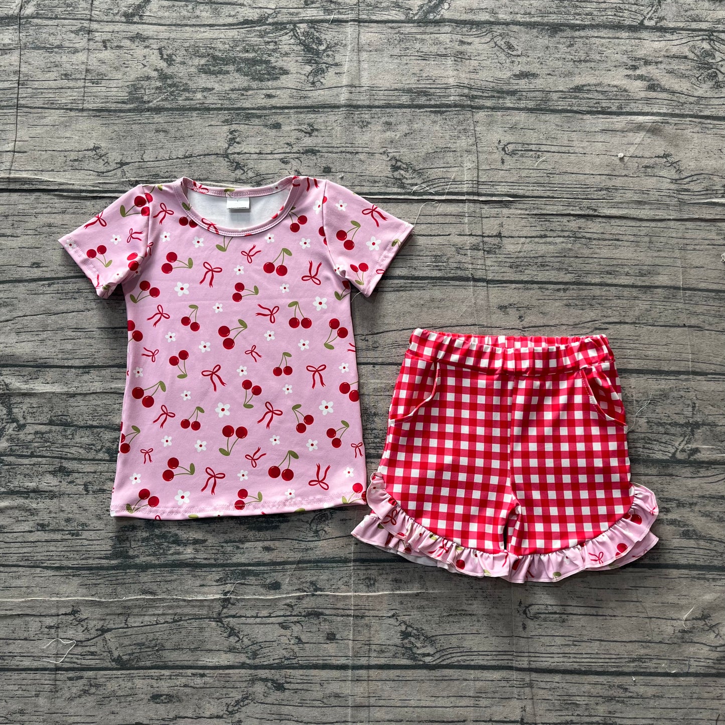 GSSO3470 Preorder Sample Baby Girl Cherry Flowers Top Checked Ruffle Shorts Clothes Sets