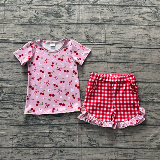GSSO3470 Preorder Sample Baby Girl Cherry Flowers Top Checked Ruffle Shorts Clothes Sets