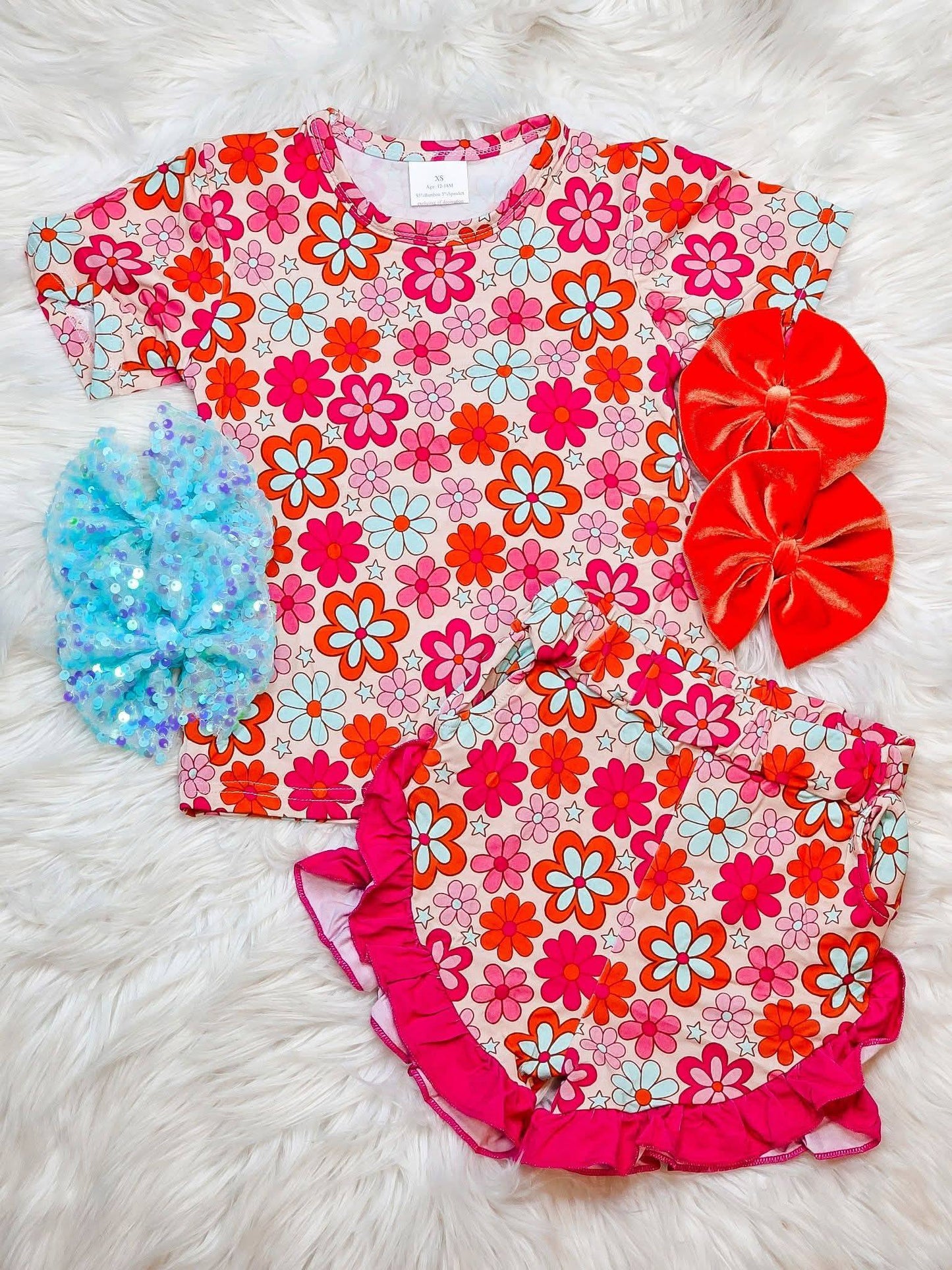 GSSO3471 Preorder Baby Girl Colorful Small Flowers Top Ruffle Shorts Clothes Sets