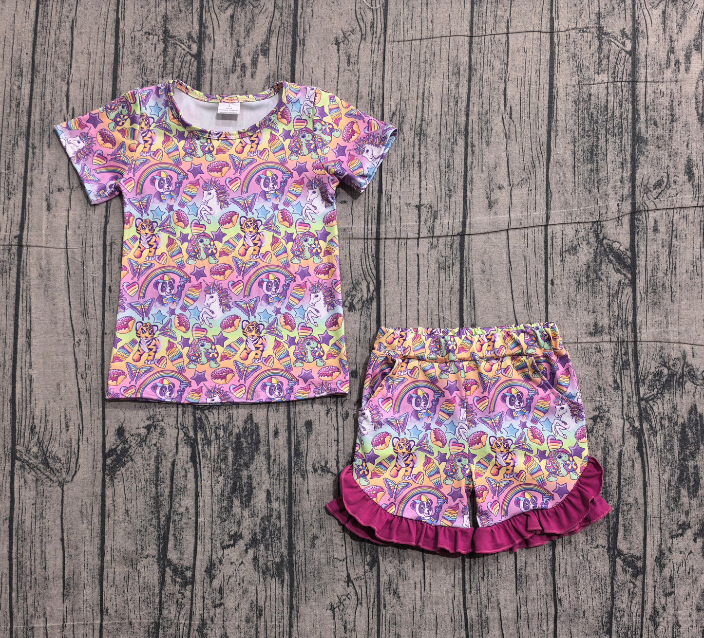 GSSO3472 Preorder Sample Baby Girl Stars Cartoon Animals Top Ruffle Shorts Clothes Sets