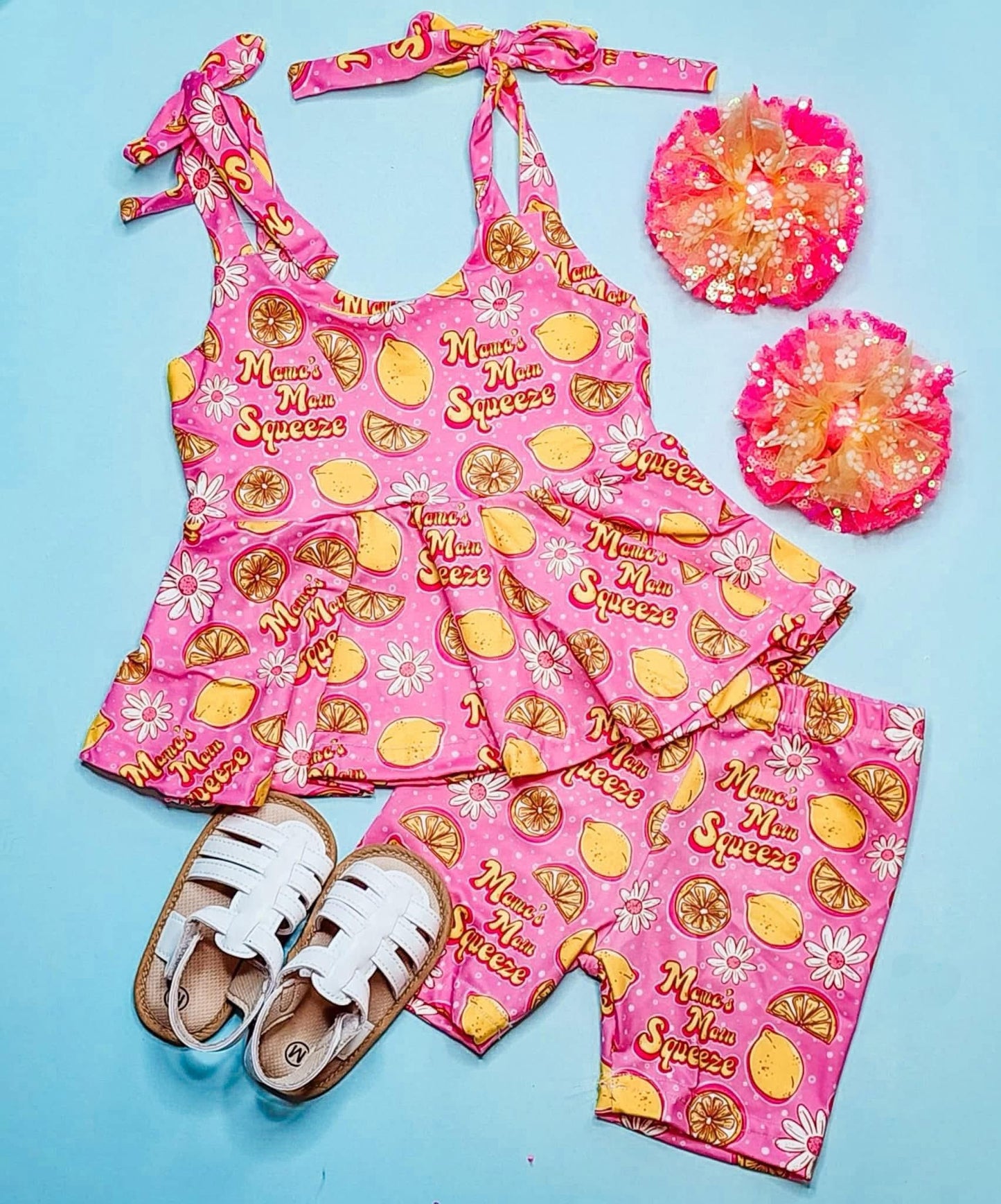 GSSO3473 Preorder Baby Girl Pink Strap Lemons Squeeze Tunic Shorts Clothes Sets