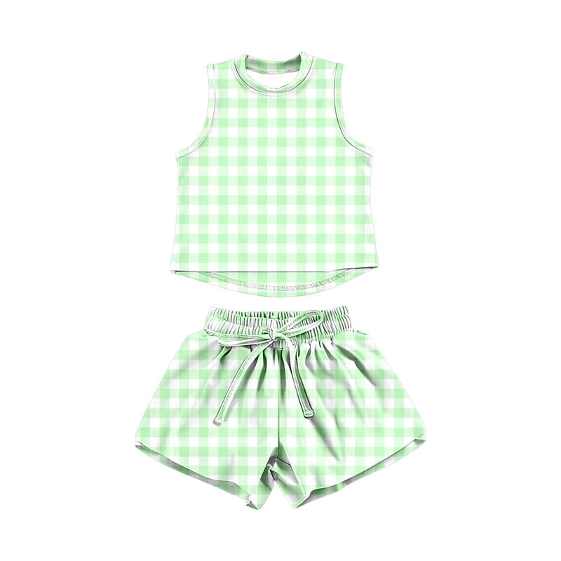 GSSO3474 Preorder Baby Girl Light Green Checked Vests Top Short Yoga Active Clothes Set
