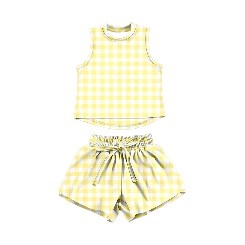 GSSO3475 Preorder Baby Girl Yellow Checked Vests Top Short Yoga Active Clothes Set