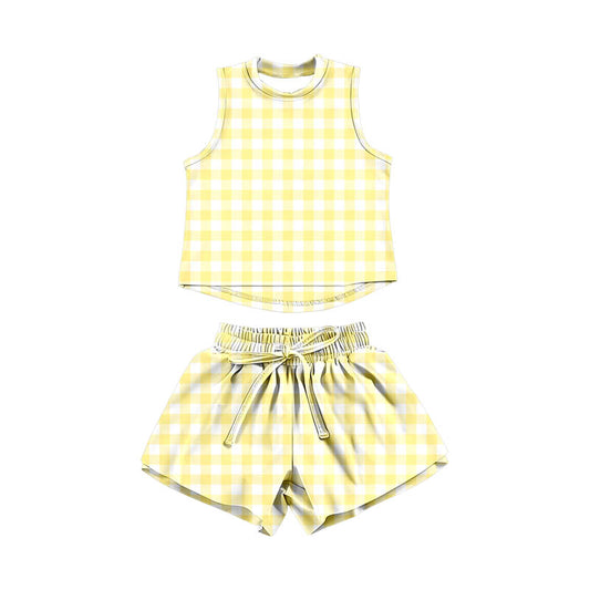 GSSO3475 Preorder Baby Girl Yellow Checked Vests Top Short Yoga Active Clothes Set