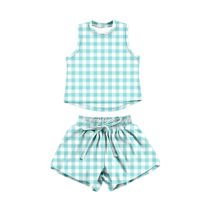 GSSO3476 Preorder Baby Girl Blue Checked Vests Top Short Yoga Active Clothes Set