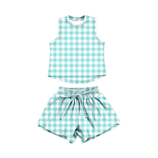 GSSO3476 Preorder Baby Girl Blue Checked Vests Top Short Yoga Active Clothes Set