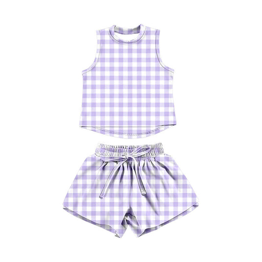 GSSO3477 Preorder Baby Girl Lavender Checked Vests Top Short Yoga Active Clothes Set