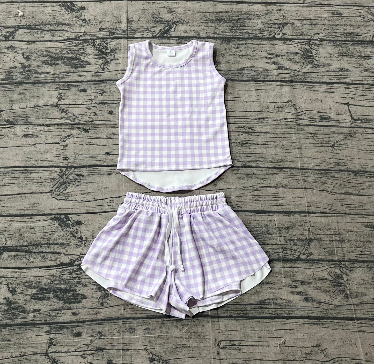 GSSO3477 Preorder Sample Baby Girl Lavender Checked Vests Top Short Yoga Active Clothes Set