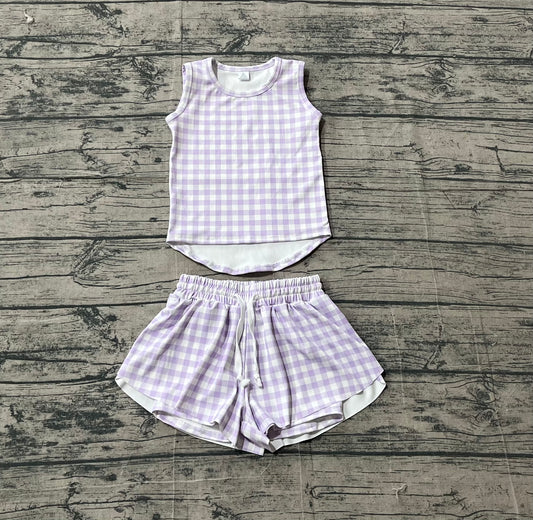 GSSO3477 Preorder Sample Baby Girl Lavender Checked Vests Top Short Yoga Active Clothes Set