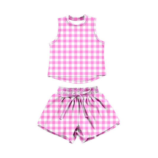 GSSO3478 Preorder Baby Girl Pink Checked Vests Top Short Yoga Active Clothes Set