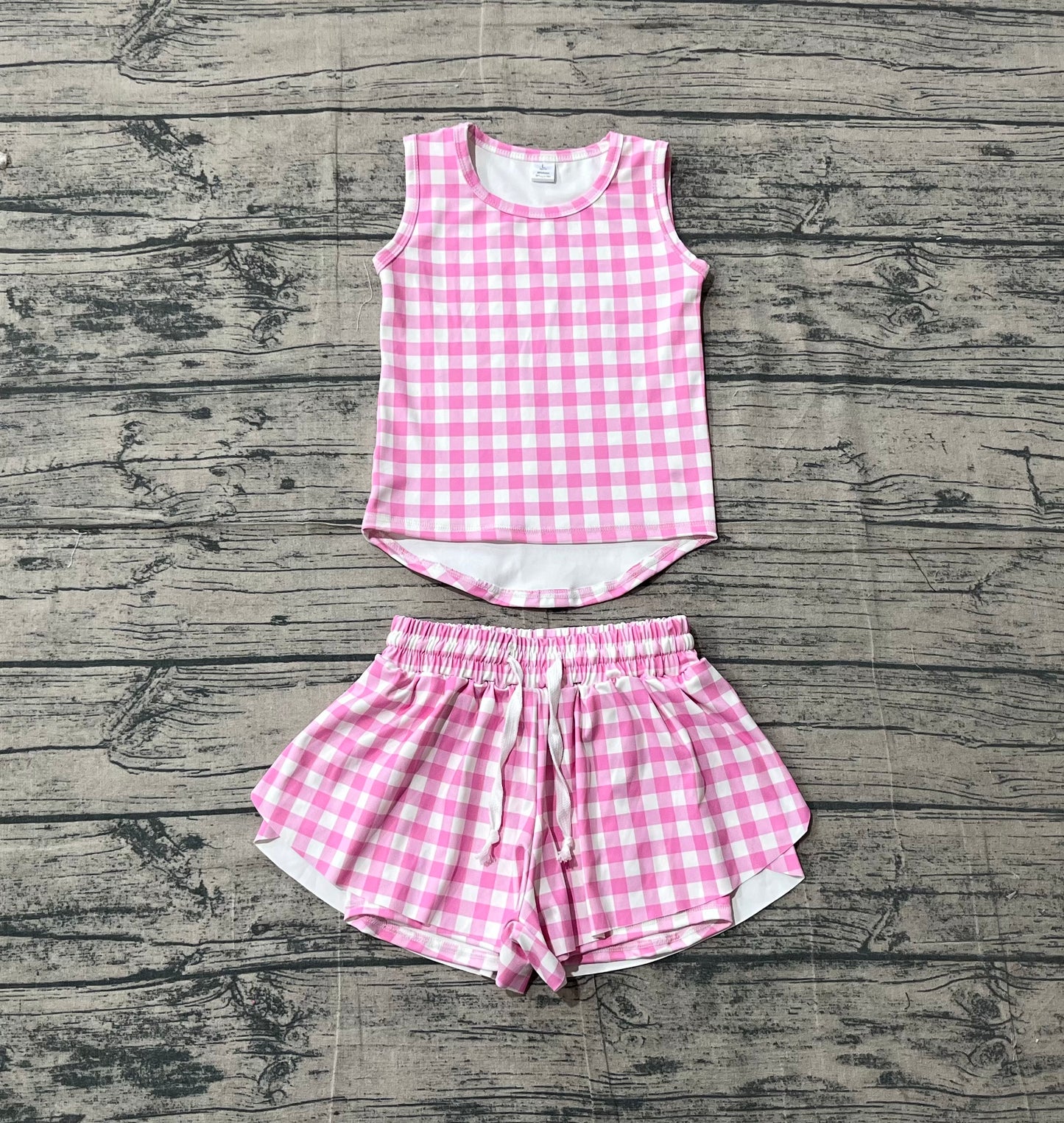 GSSO3478 Preorder Sample Baby Girl Pink Checked Vests Top Short Yoga Active Clothes Set