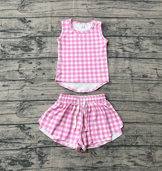 GSSO3478 Preorder Sample Baby Girl Pink Checked Vests Top Short Yoga Active Clothes Set