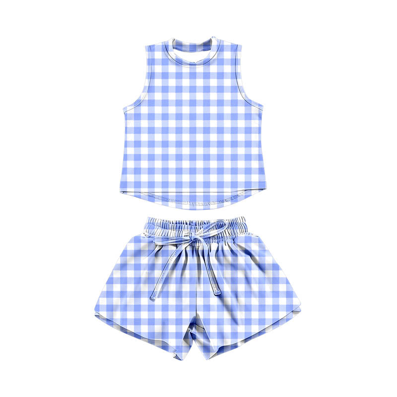 GSSO3479 Preorder Baby Girl Purple Checked Vests Top Short Yoga Active Clothes Set