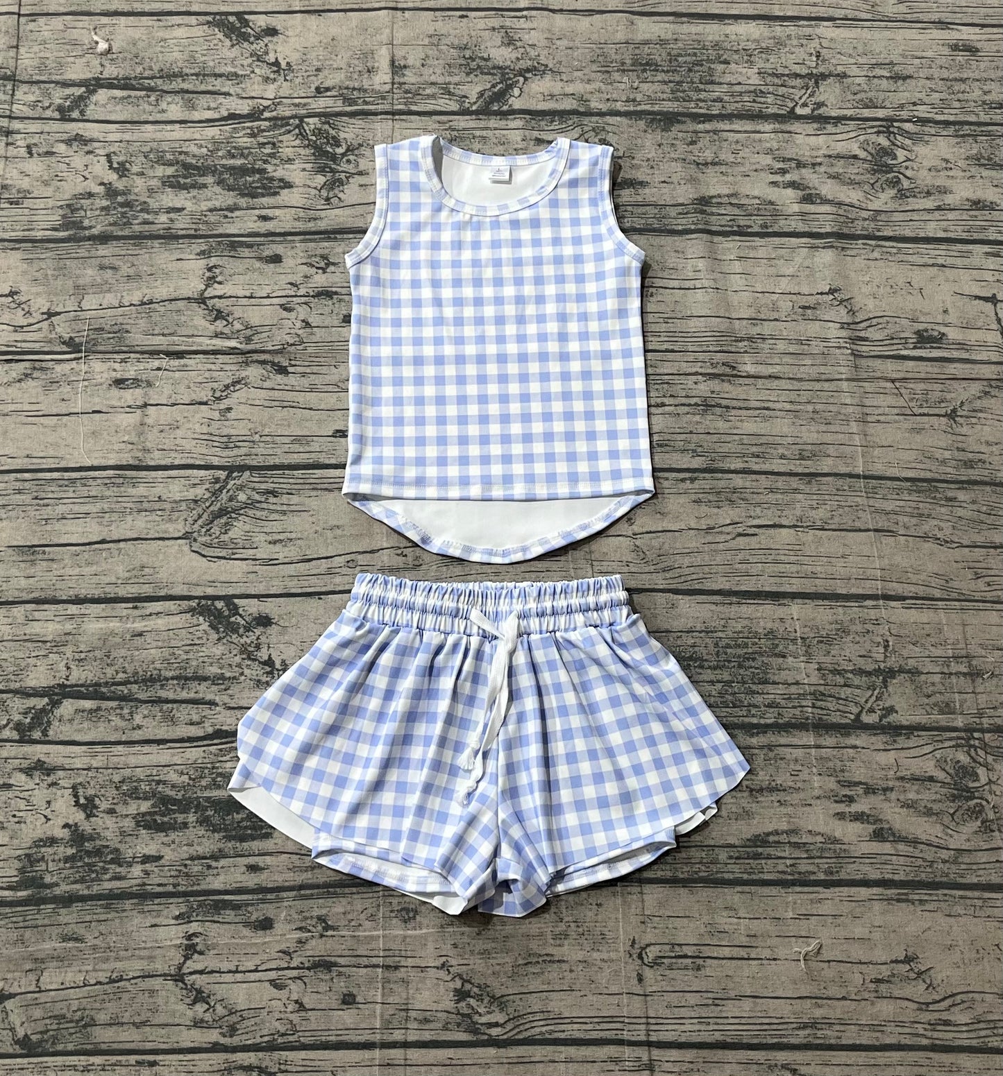 GSSO3479 Preorder Sample Baby Girl Purple Checked Vests Top Short Yoga Active Clothes Set