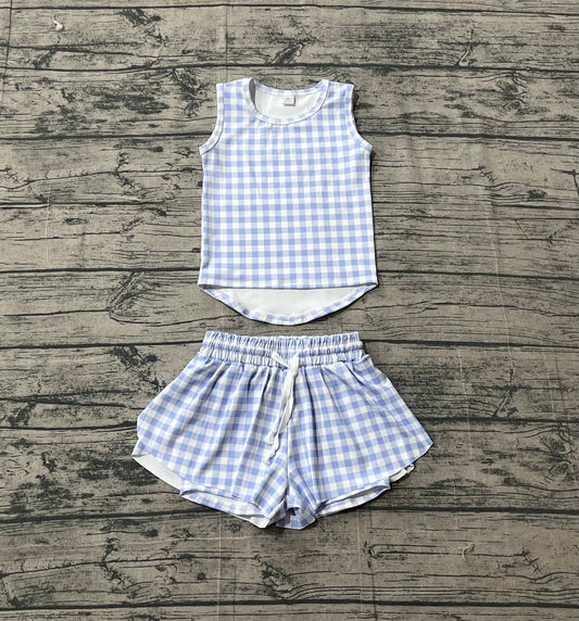 GSSO3479 Preorder Sample Baby Girl Purple Checked Vests Top Short Yoga Active Clothes Set